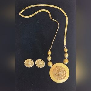 Vintage Gold Tone Medallion Necklace and Earring Set